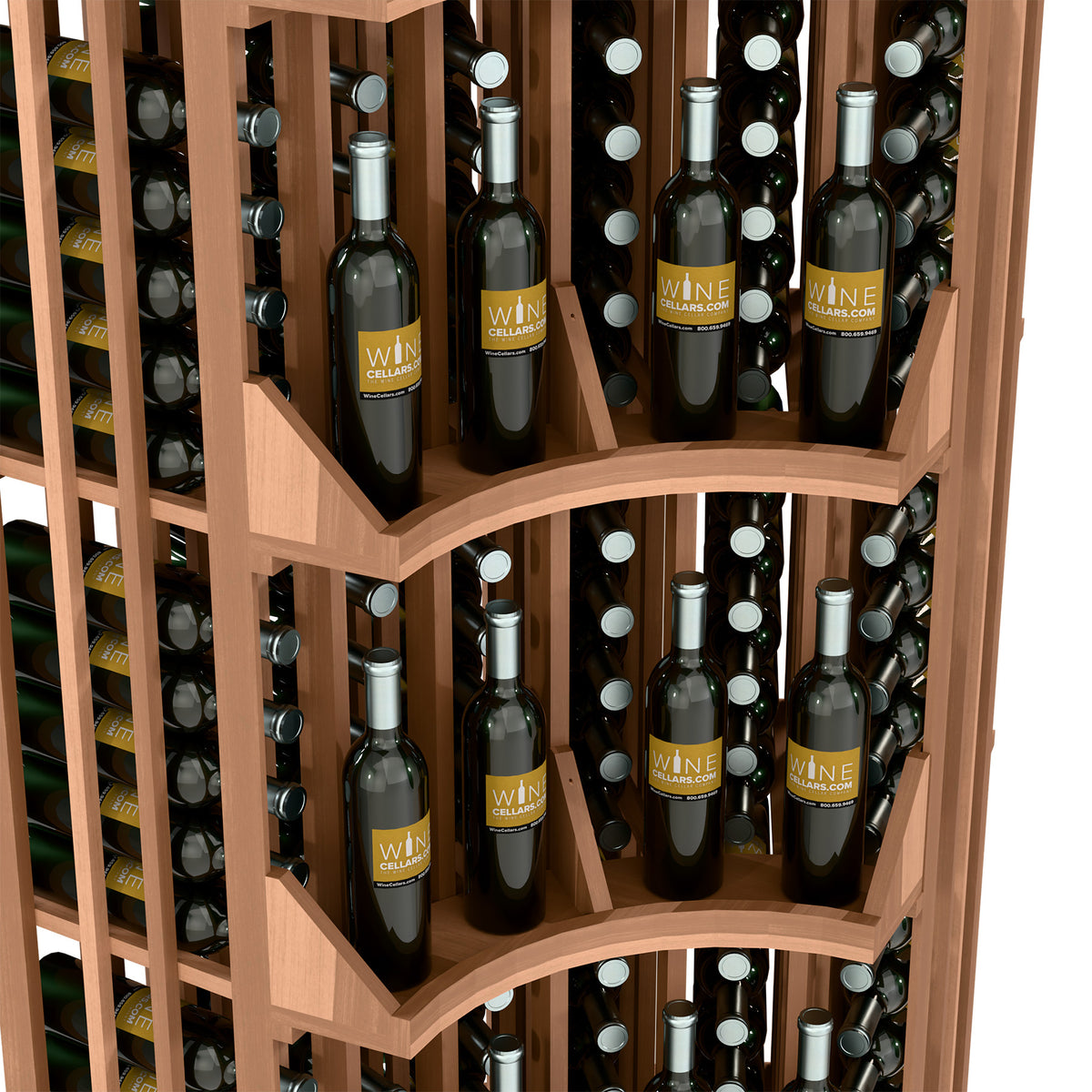 Close-up of wood wine display showing curved shelves with bottles and neck labels