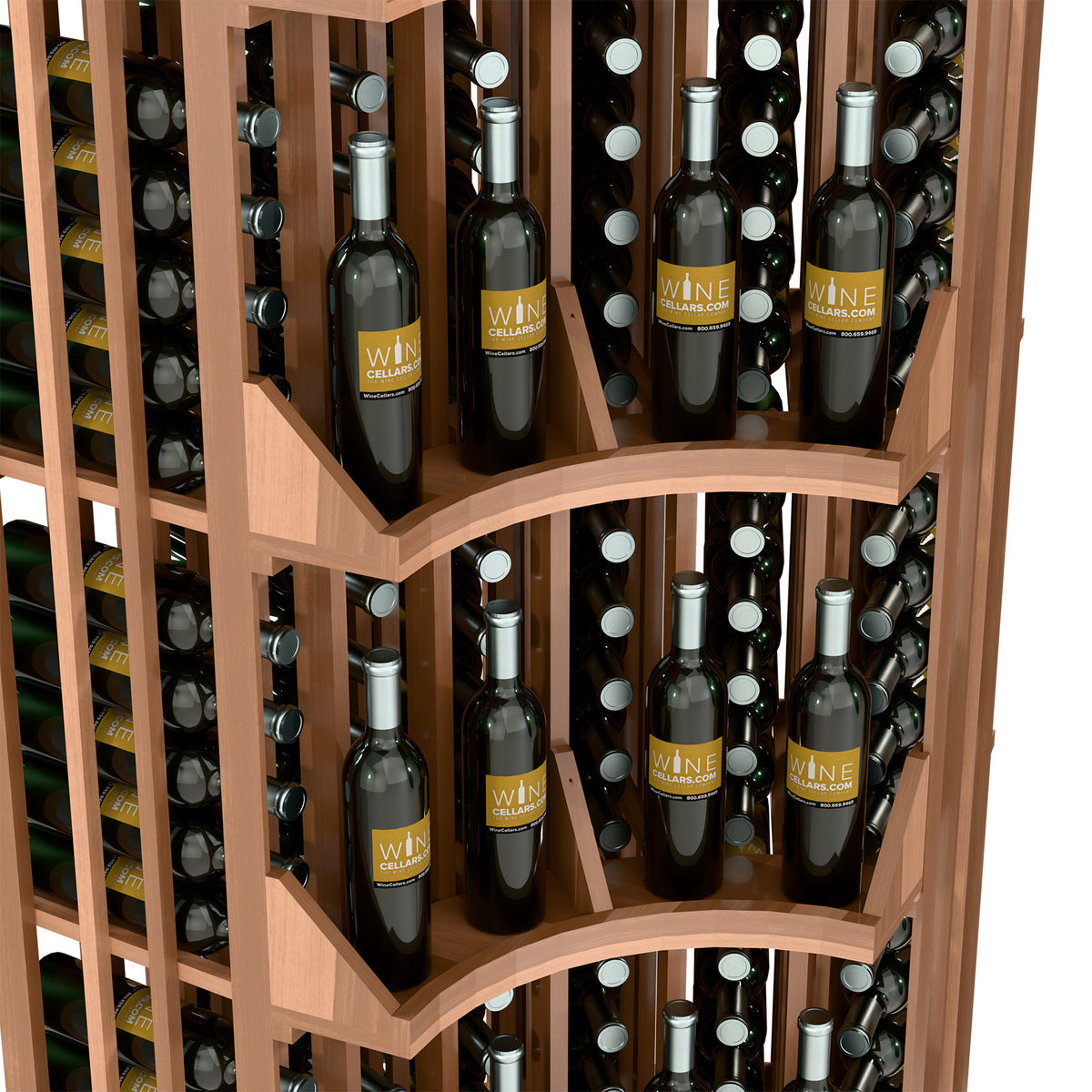 Angled close-up of wood wine display with curved shelves filled with bottles