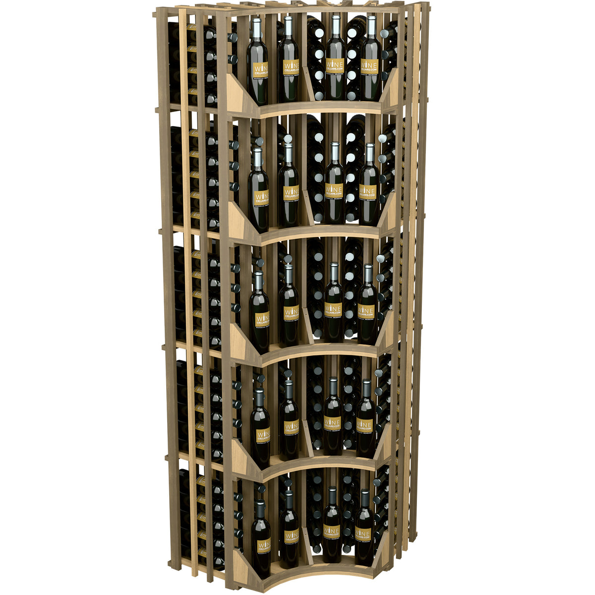 Curved corner wall wine display cabinet with light wood frame, bottle shelves, and racks