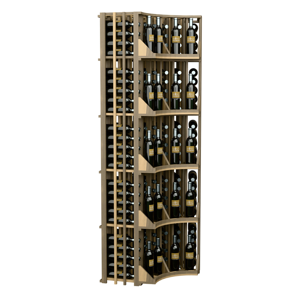 Curved corner wall wine display cabinet with wood frame, curved shelving, and bottle slots