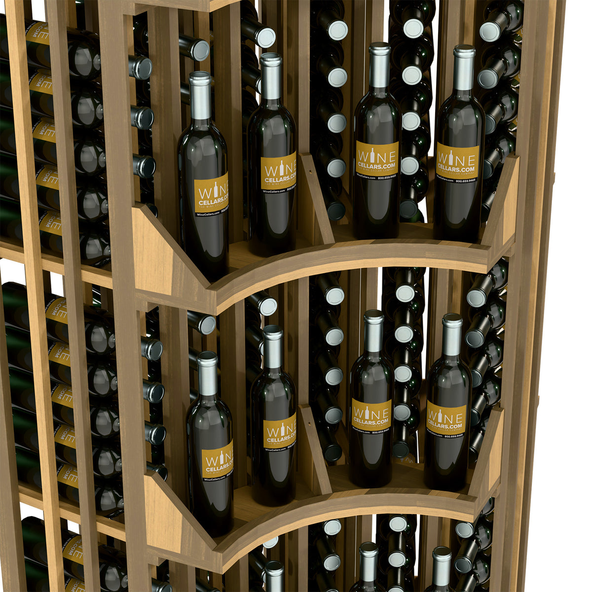 Curved corner wall wine display rack with 6 columns, holds dark and white wine bottles