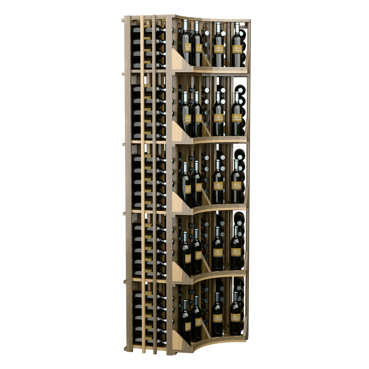 Light wood curved corner wine rack with 6 columns, bottles in curved shelves