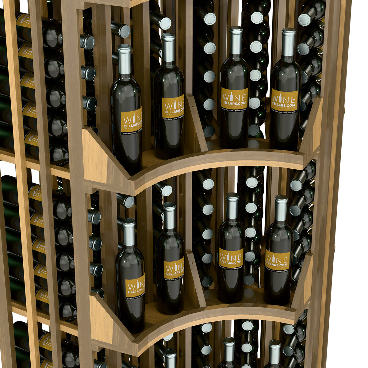 Curved corner wine display rack with 6 columns, close view of dark wine bottles