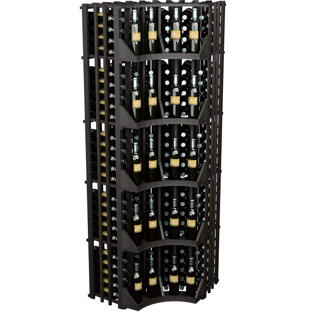 Black curved corner wine display rack with 6 columns, grid holds many wine bottles
