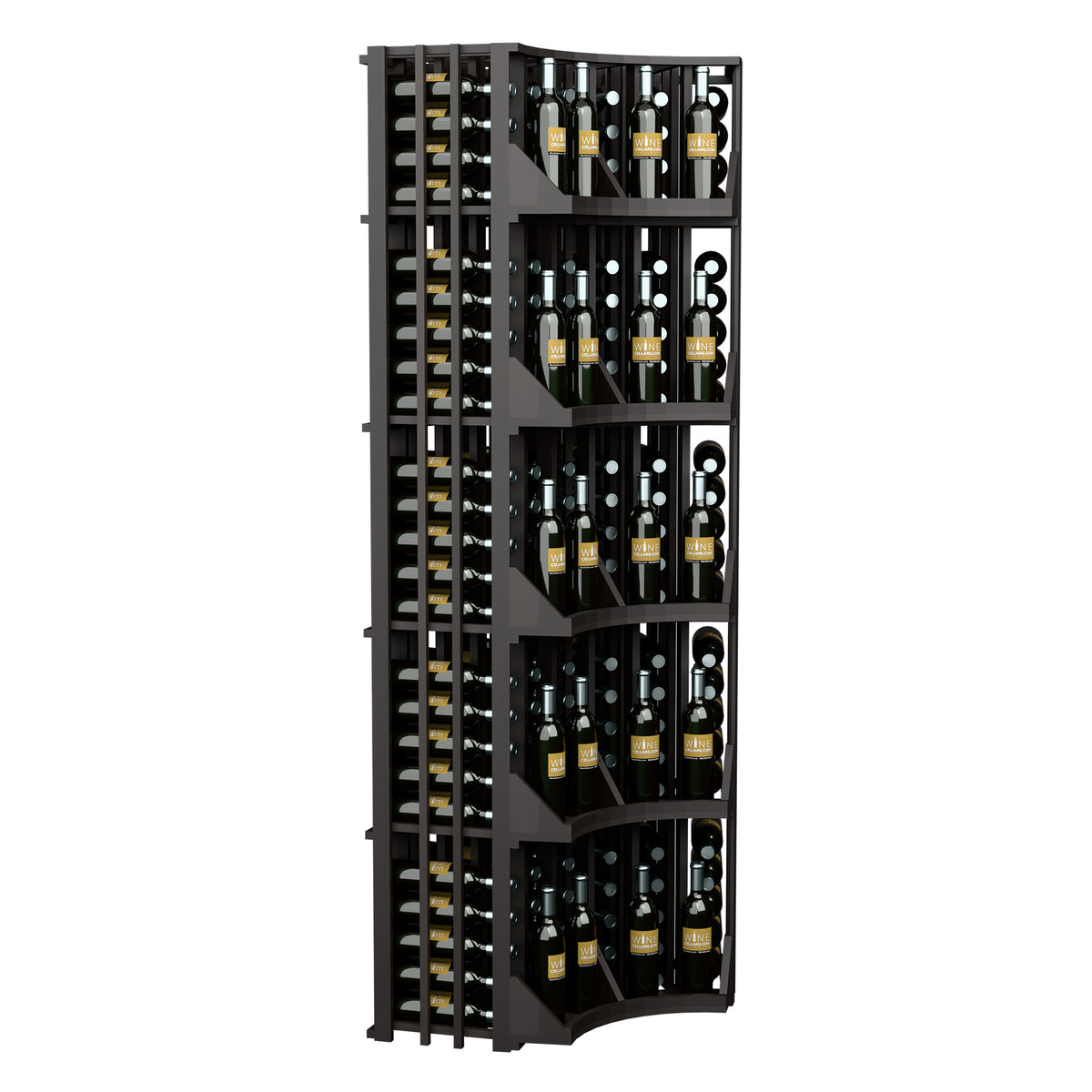 Black curved corner wine rack with 6 columns, bottles arranged on curved shelves