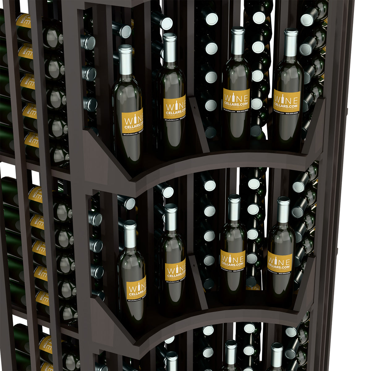 Curved corner wine display rack, 6 columns with bottles in curved recessed shelves