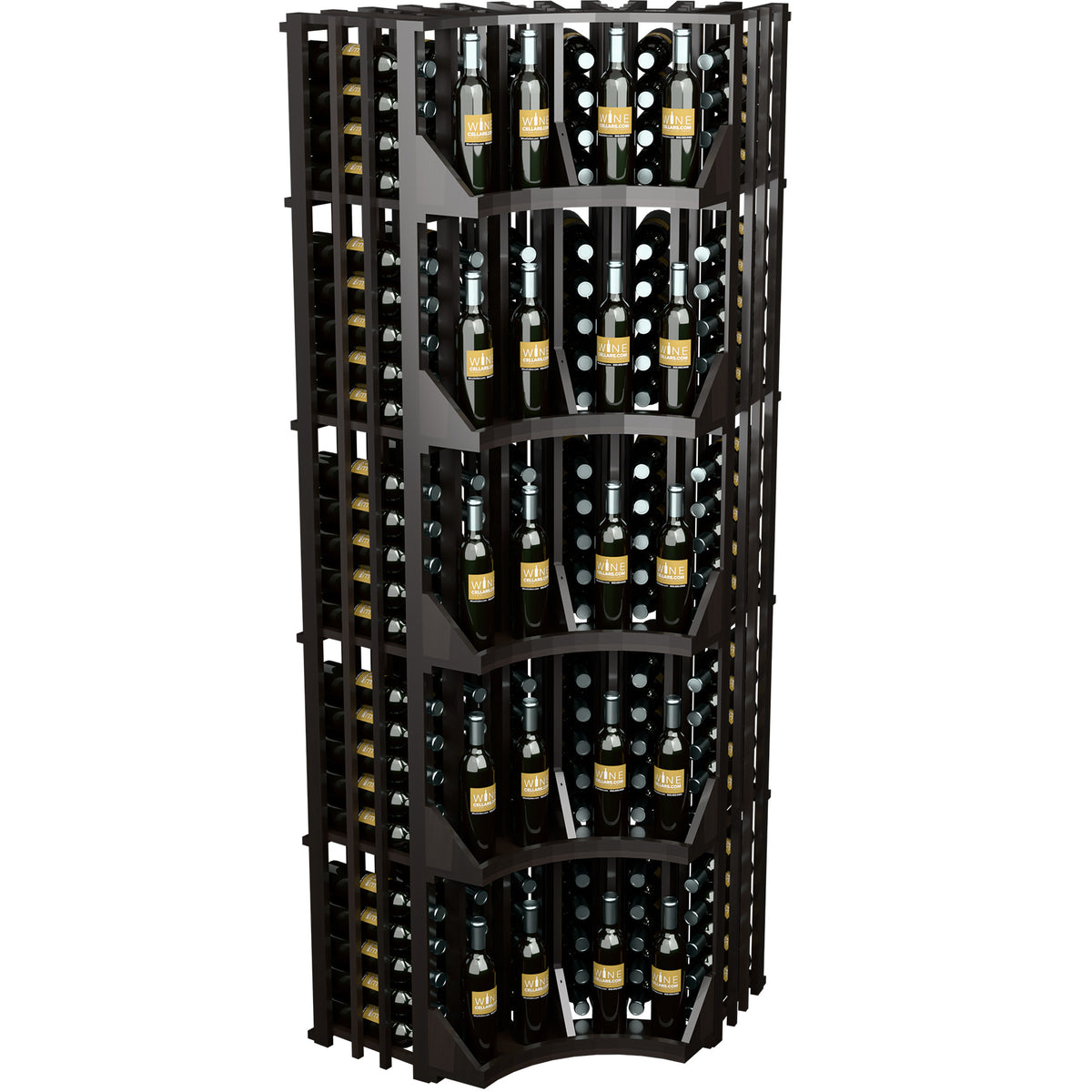 Black curved corner wall wine display rack with 6 columns, rows of wine bottles