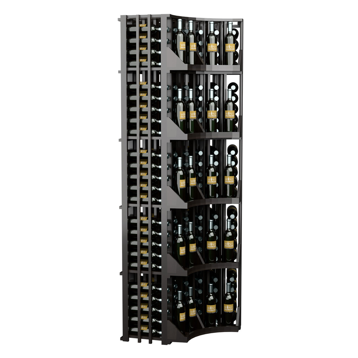 Black curved corner wall wine rack with 6 columns and bottle storage compartments