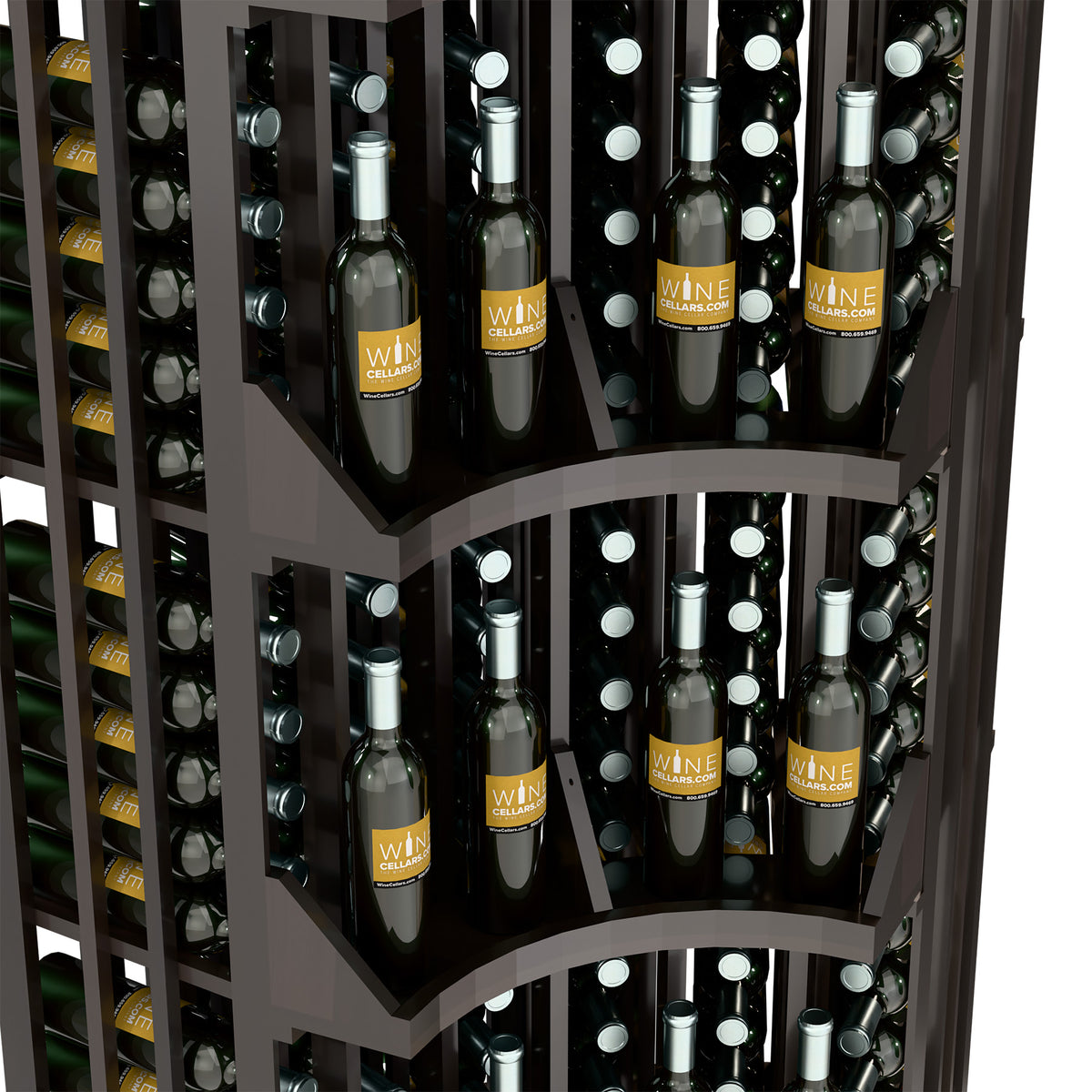 Curved corner wine display rack with 6 columns, close view of wine bottles