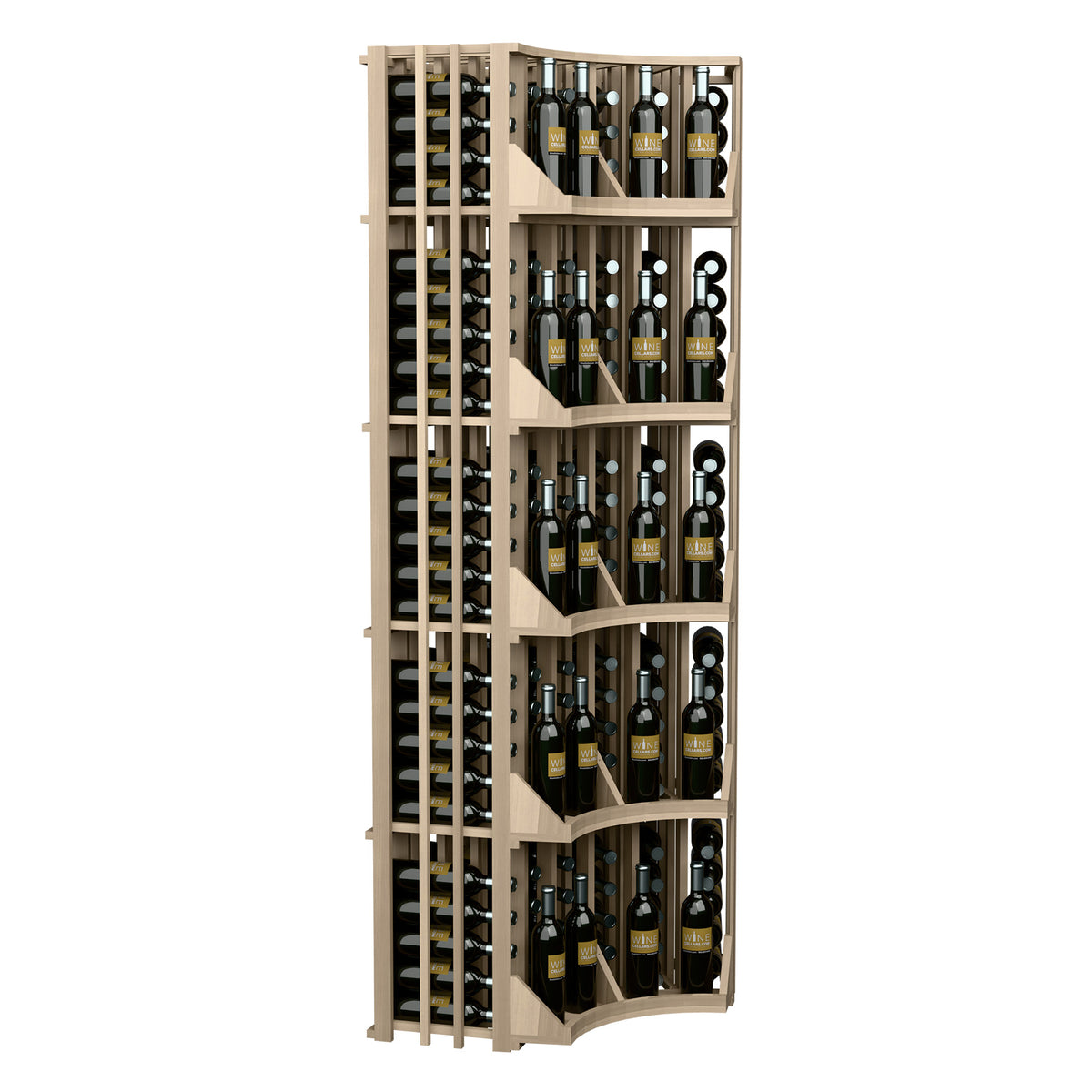 Corner wall wine display with curved shelves and bottle slots in 6 columns