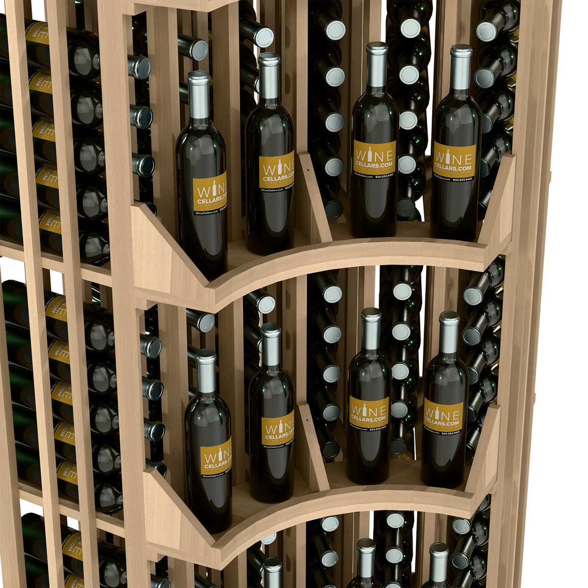 Close-up of curved wine shelves with bottle rows in a 6-column wall display