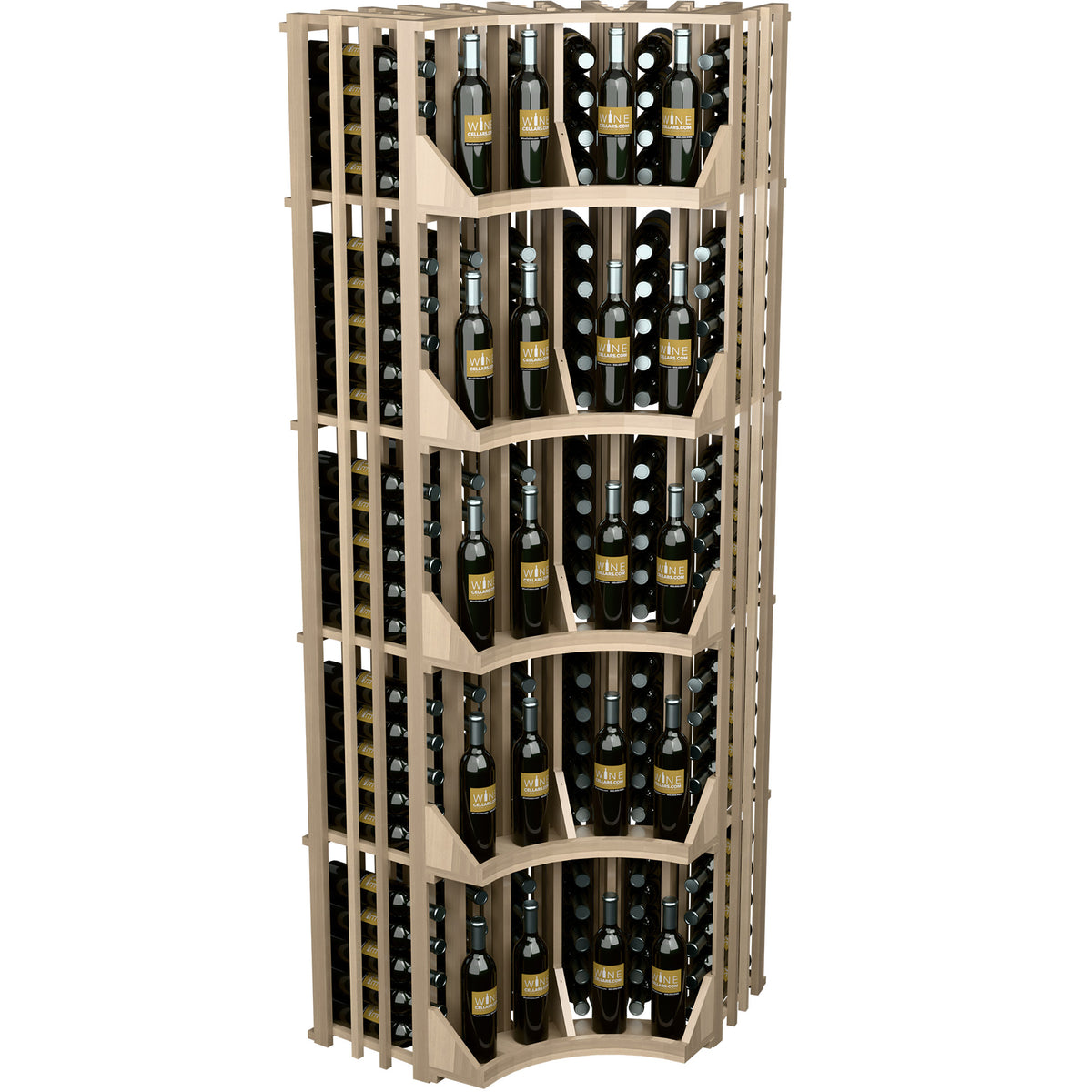 Tall wall-mounted wine display with curved corner shelves and bottle storage