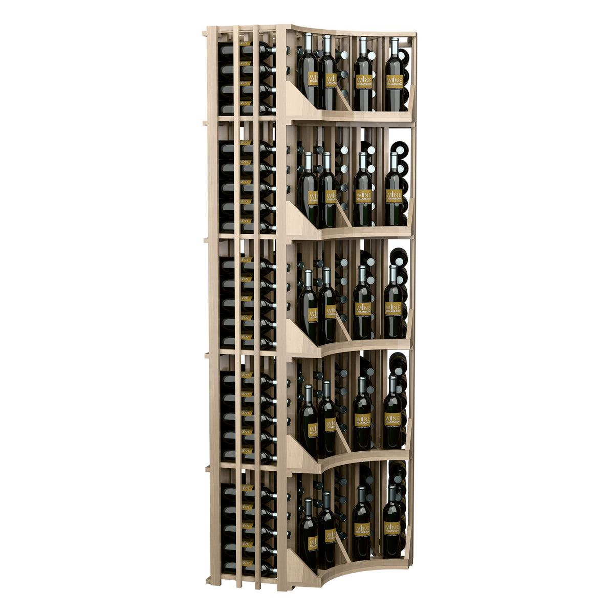 Side view of corner wall wine display with curved shelves and 6 columns