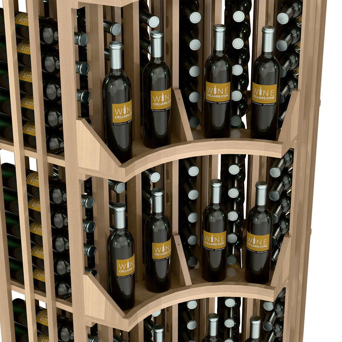 Close-up of curved bottle shelves in a light-wood wall wine display