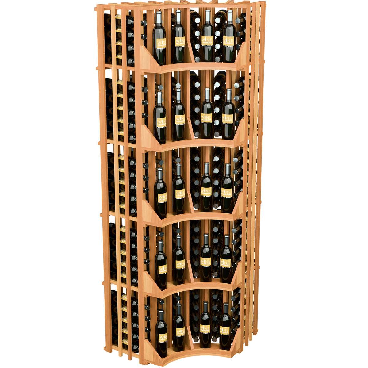 Wall wine display in warm light wood with curved corner shelves and 6 columns