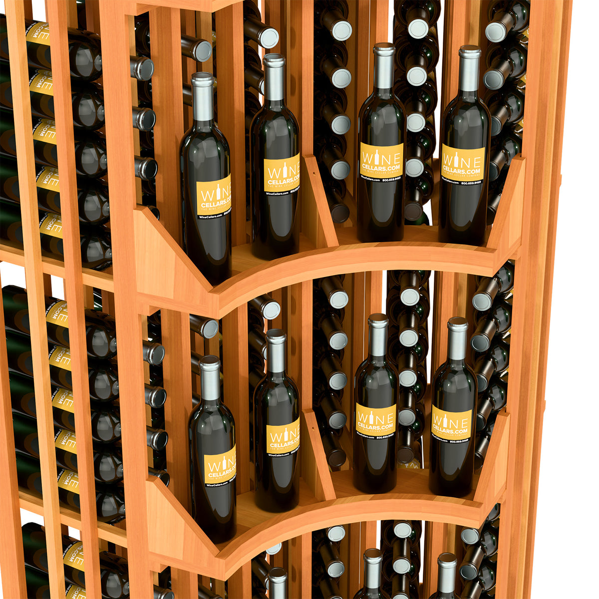 Close-up of warm wood curved shelves holding wine bottles in a 6-column display