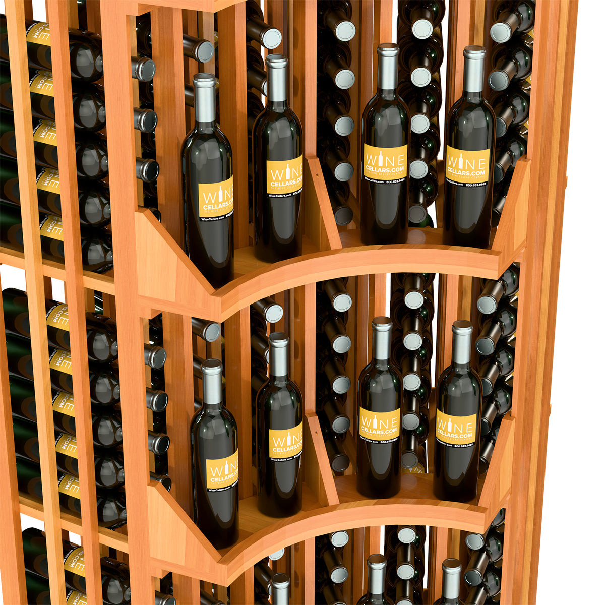 Curved wine rack interior with angled bottle shelves and bottle neck slots