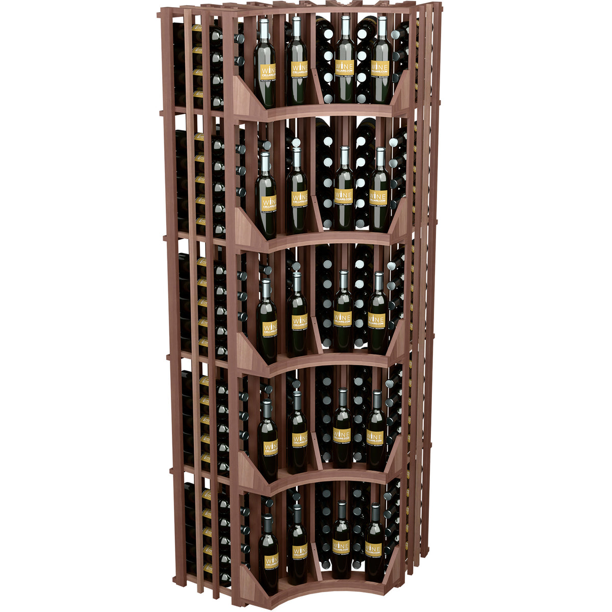 Curved corner wine rack with front grid and angled bottle shelves