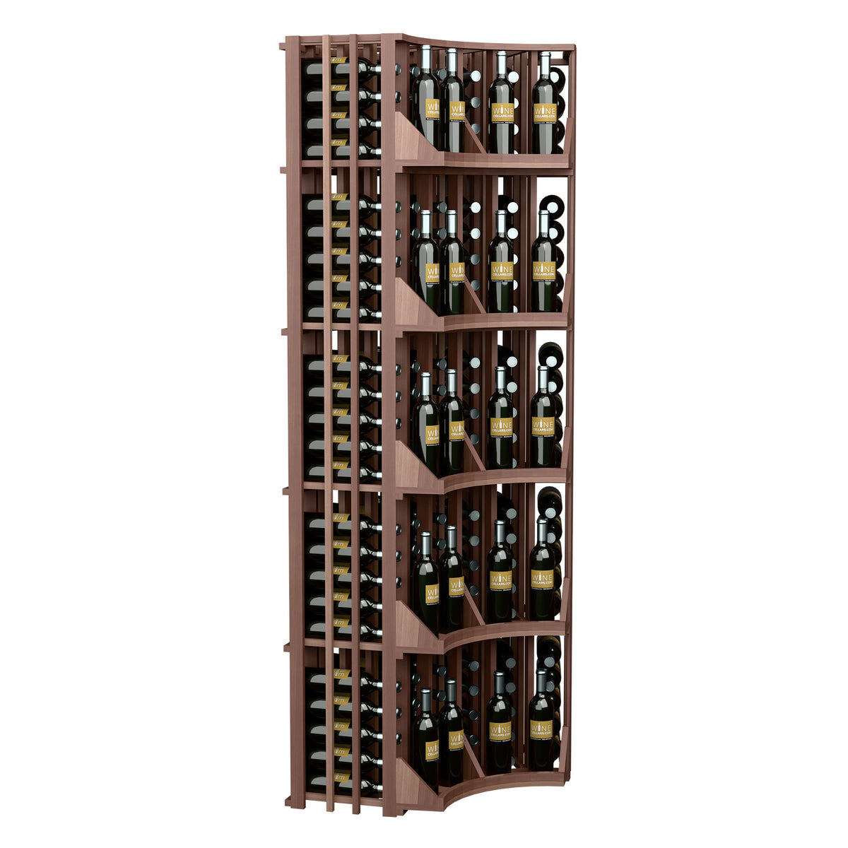 Wood curved corner wine wall display with six-column bottle storage
