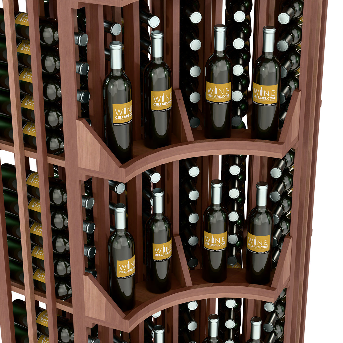 Close view of curved wine rack shelves holding wine bottles in angled slots