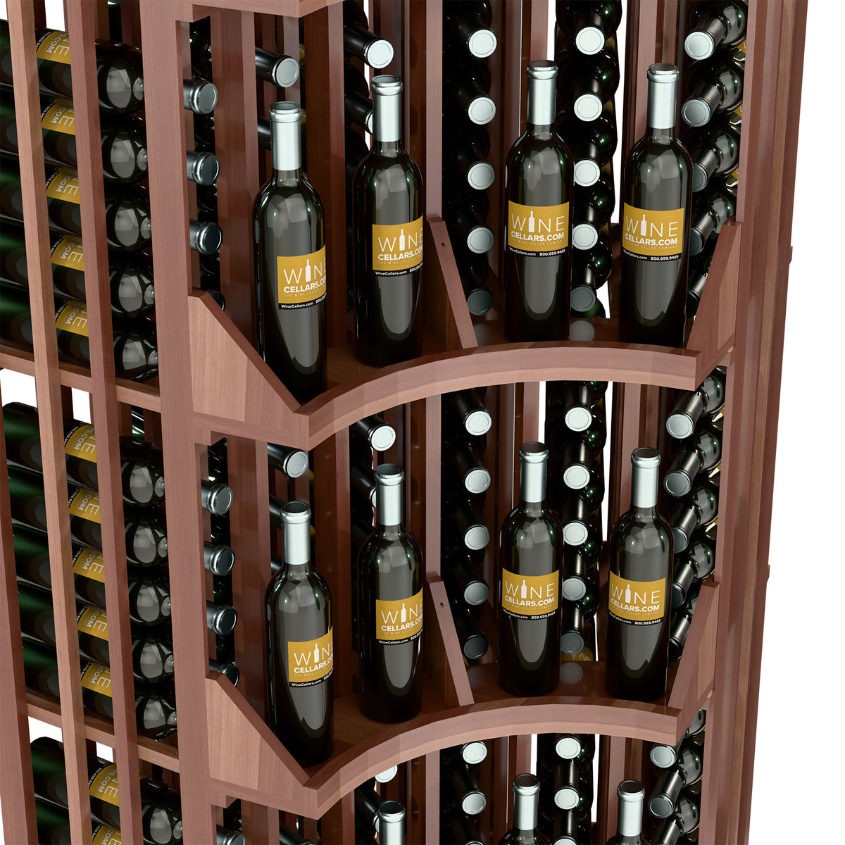 Curved wine rack interior showing rows of wine bottles in angled slots