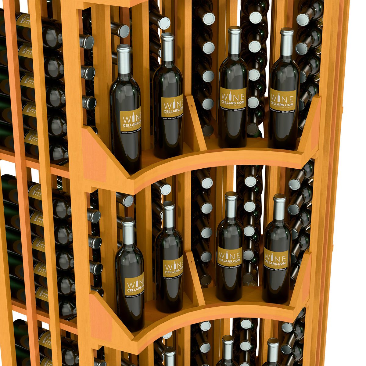 6-column curved corner wine bottle wall display with light wood slots for bottles