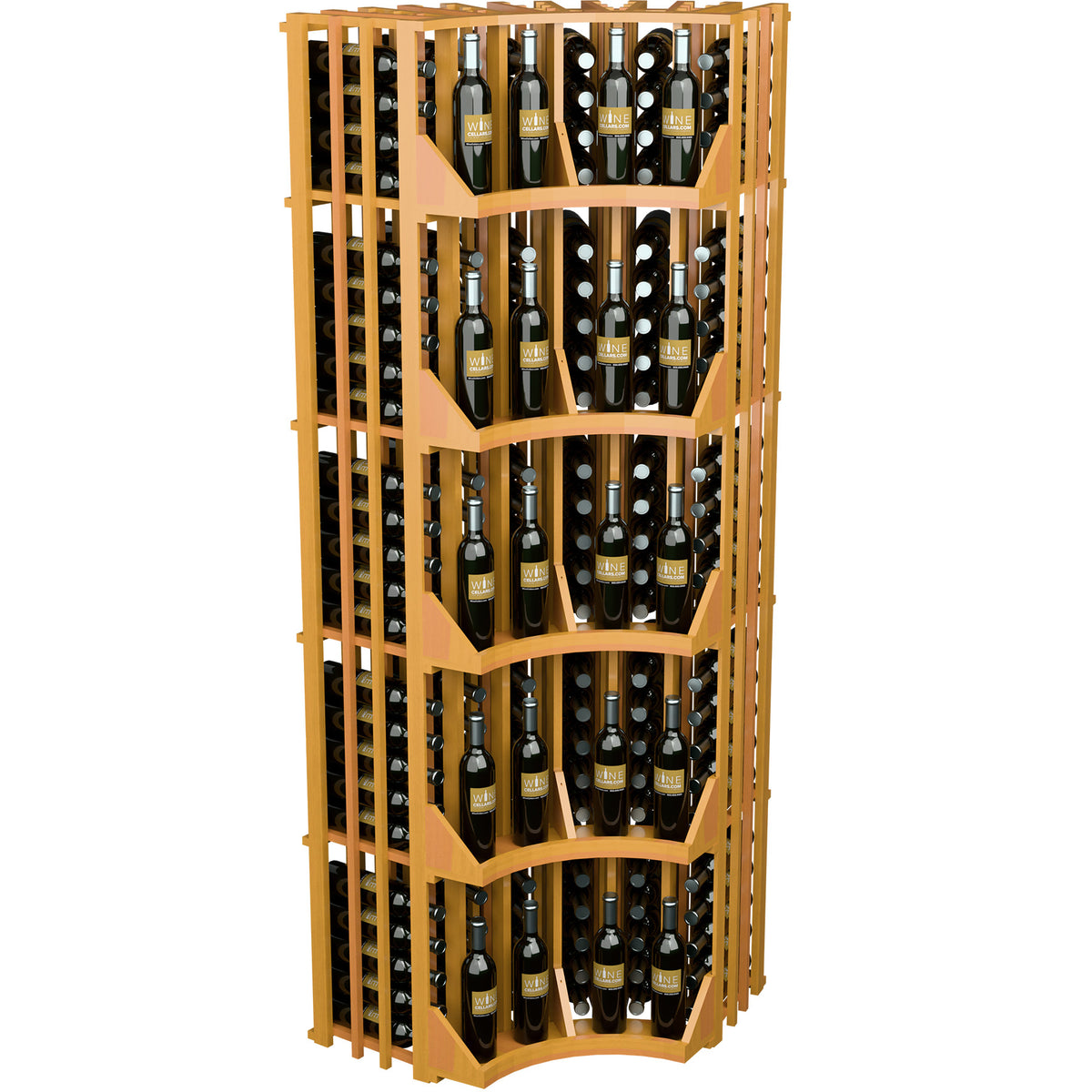 Light wood 6-column curved corner wine bottle wall display with arched front shelves
