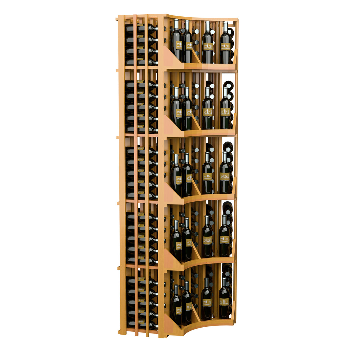 Tall 6-column curved corner wine bottle wall display in light wood with bottle rows