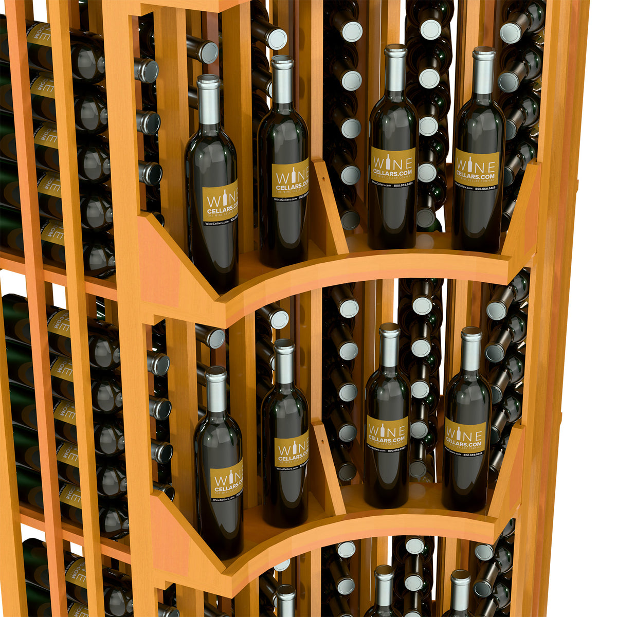 6-column curved corner wine bottle wall display with light wood frame and bottle cubbies