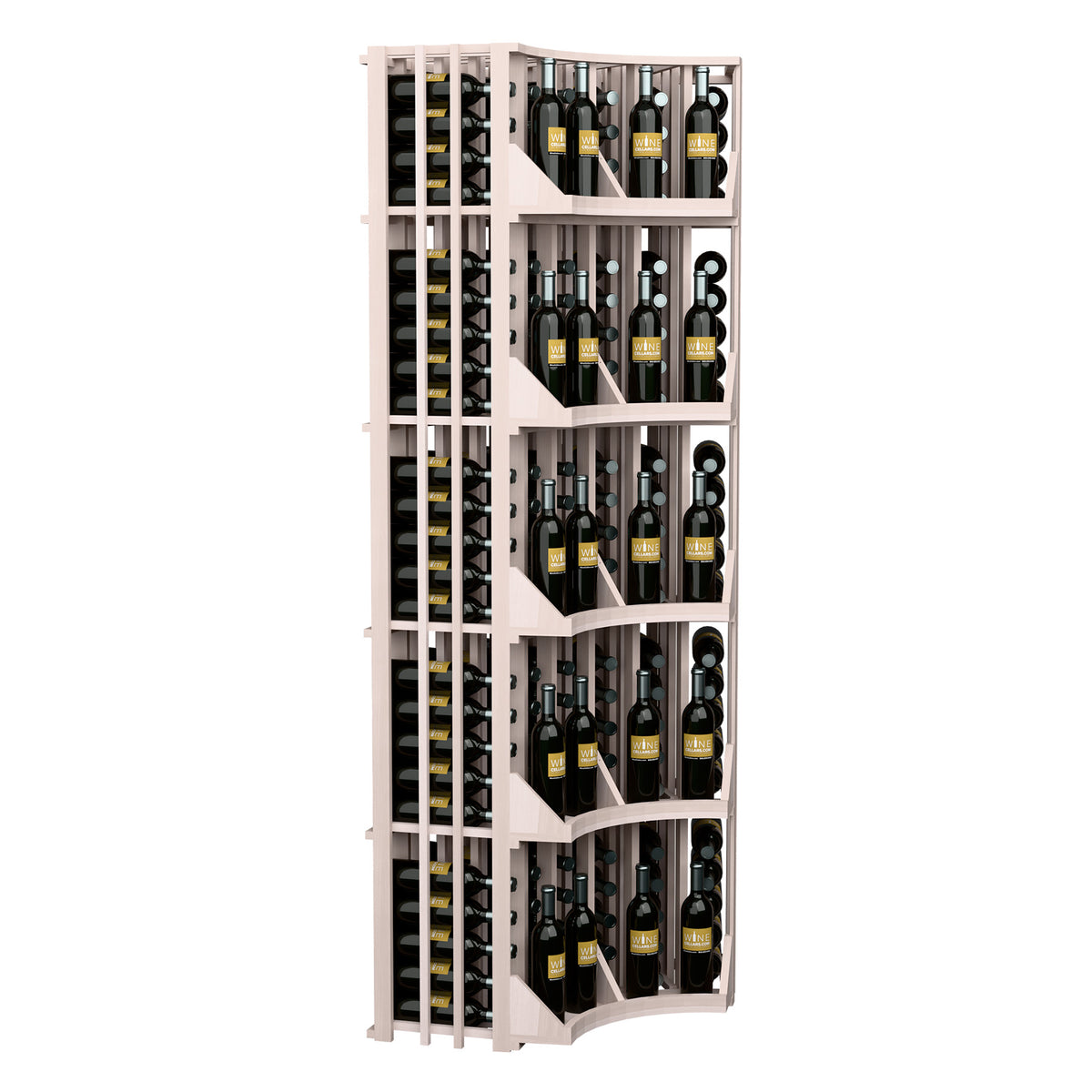White 6-column curved corner wine bottle wall display with open bottle compartments