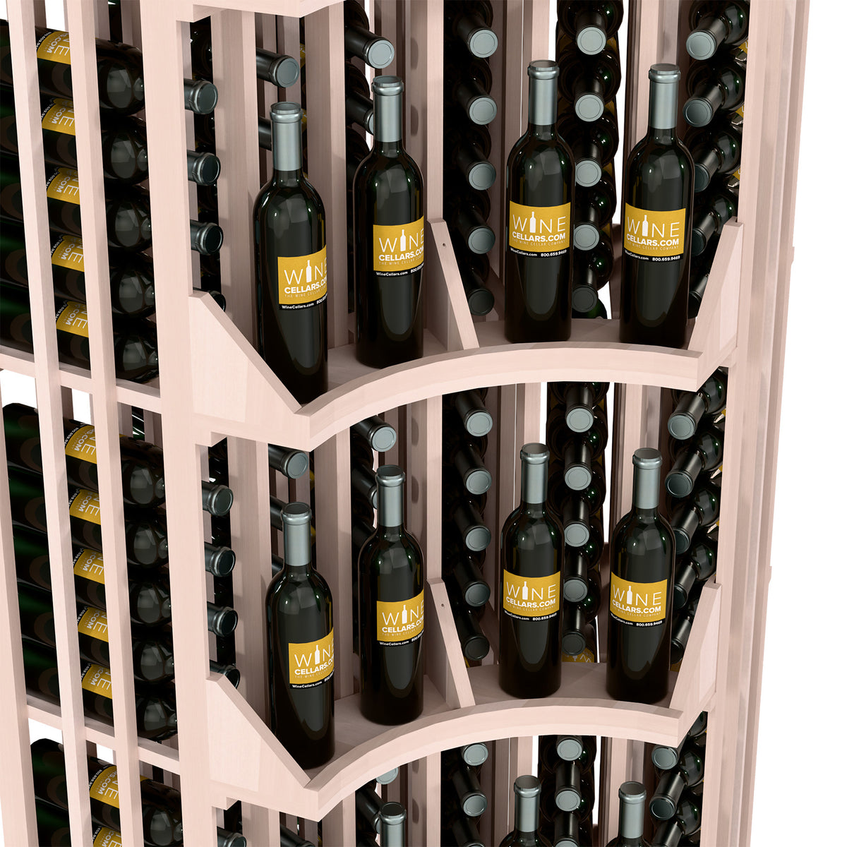White-finished 6-column curved corner wine bottle wall display with stacked bottle slots