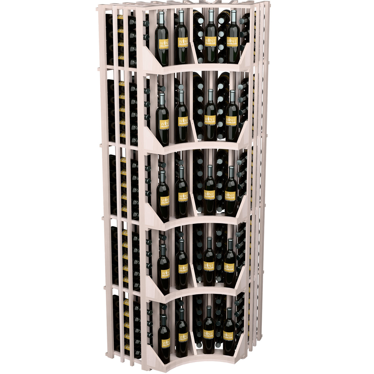 White-finished 6-column curved corner wine bottle wall display with six bottle columns
