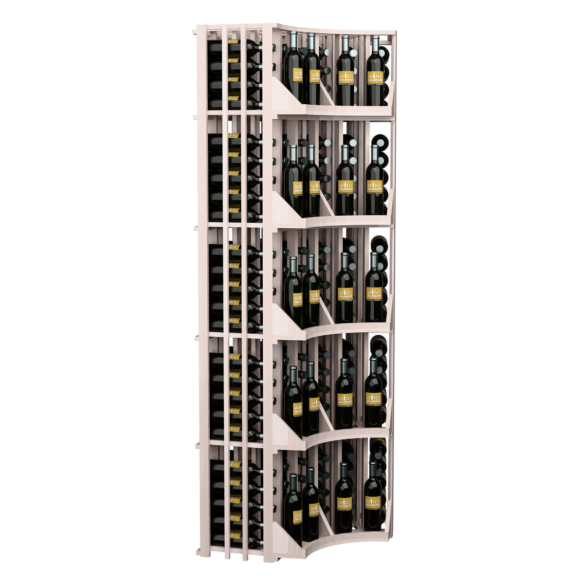 Tall white 6-column curved corner wine bottle wall display with multiple bottle rows