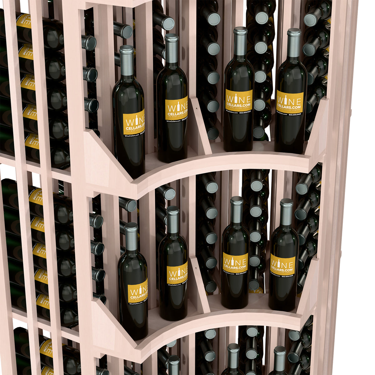 Close view of white-finished 6-column curved corner wine bottle wall display bottle slots