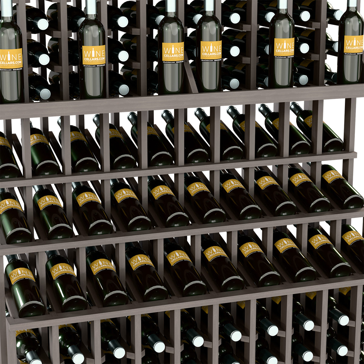 Close-up of dark wine bottles arranged in rows within a wooden bottle holder rack