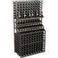 Triple-tier wine bottle display rack with dark gray frame, bottles stored in rows