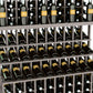 Close-up of wine bottle display shelves with dark frame holding bottles