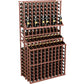 Front-facing brown triple-tier wine display rack with double-deep base and bottle grid