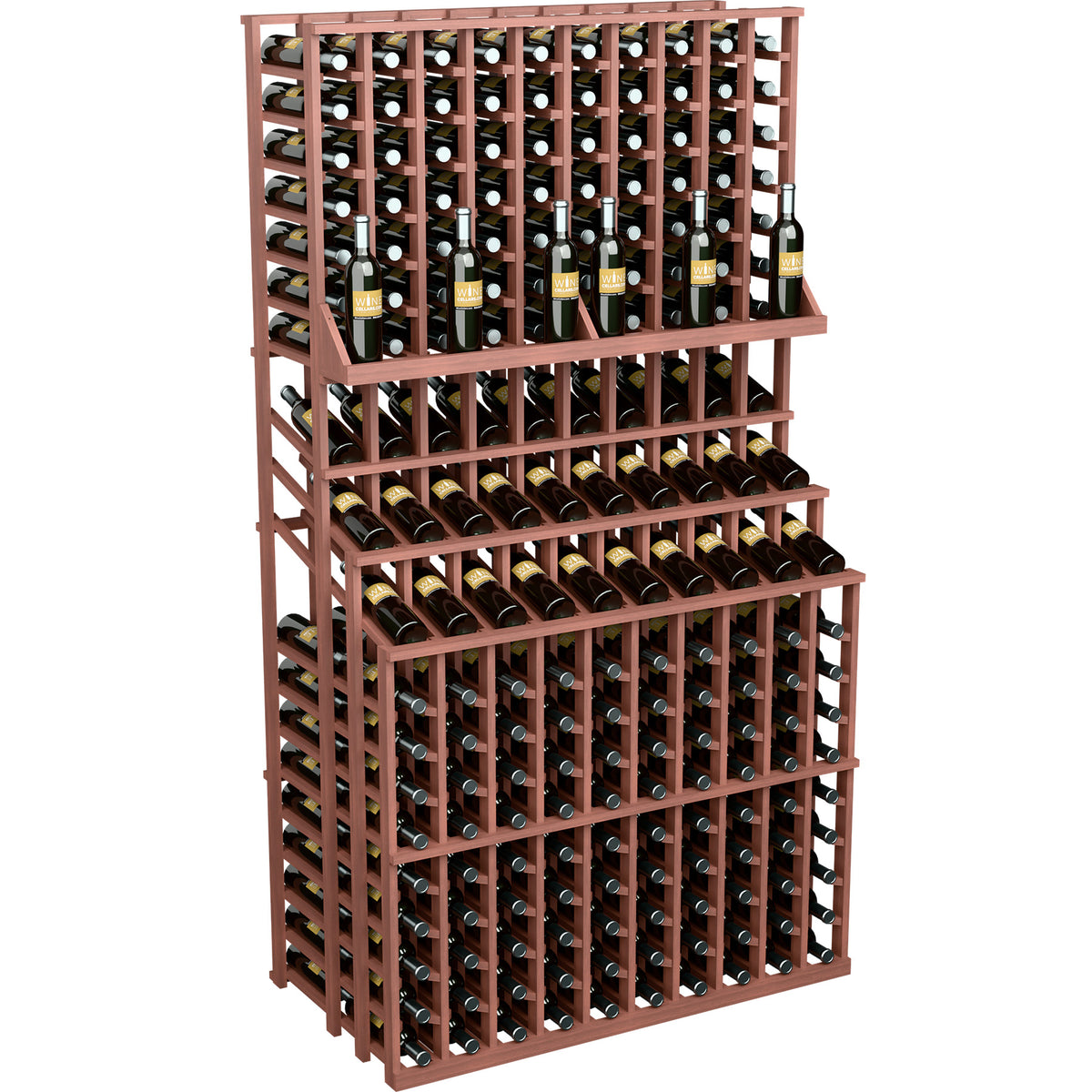Front-facing brown triple-tier wine display rack with double-deep base and bottle grid