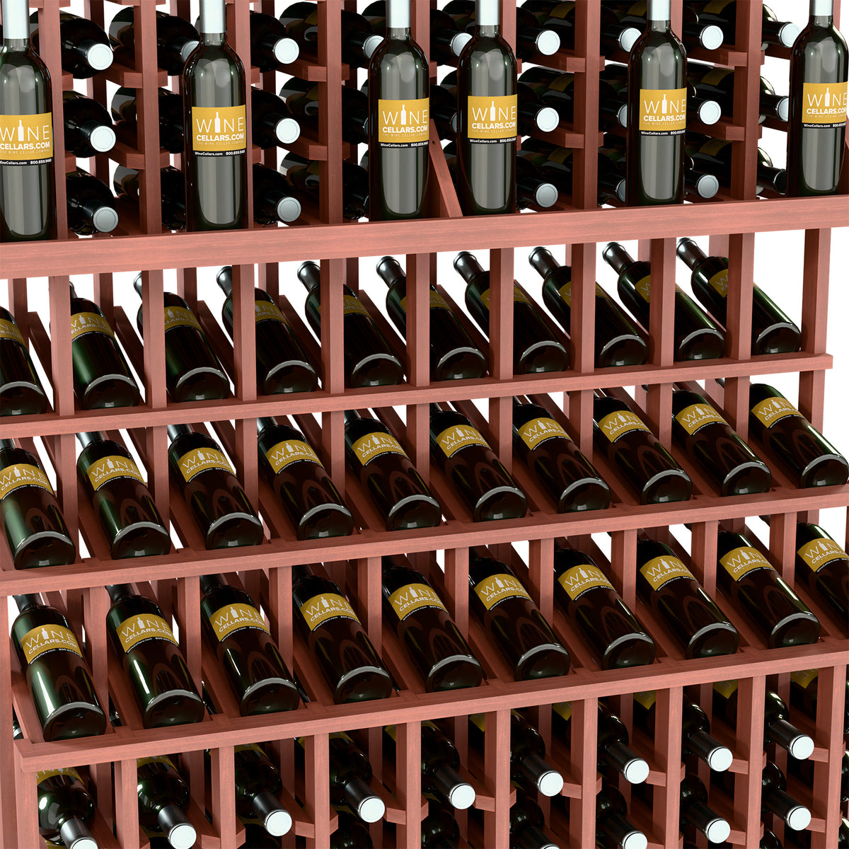 Triple-tier wine bottle display with cherry-red lattice shelves holding green bottles