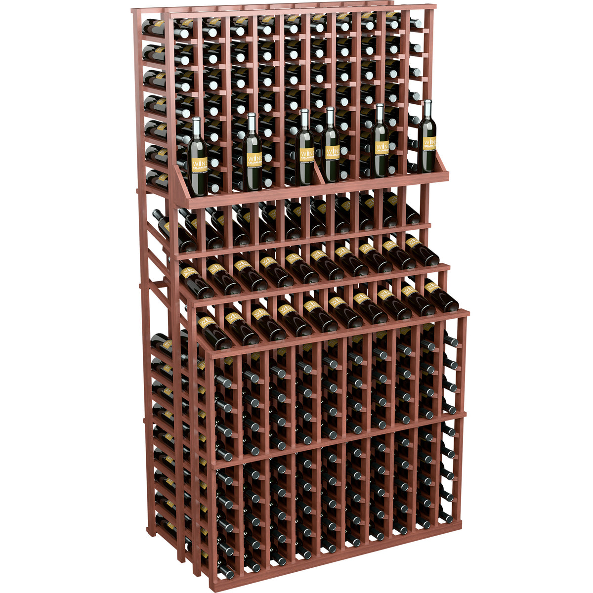 Triple-tier wine bottle display rack with reddish-brown frame, bottles stored in rows