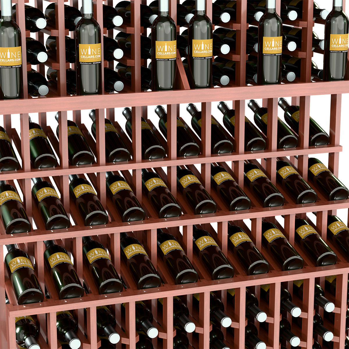 Close-up of wine bottle display shelves with reddish-brown frame holding bottles