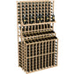 Triple-tier wine bottle display rack with double deep base, front view of bottle grid