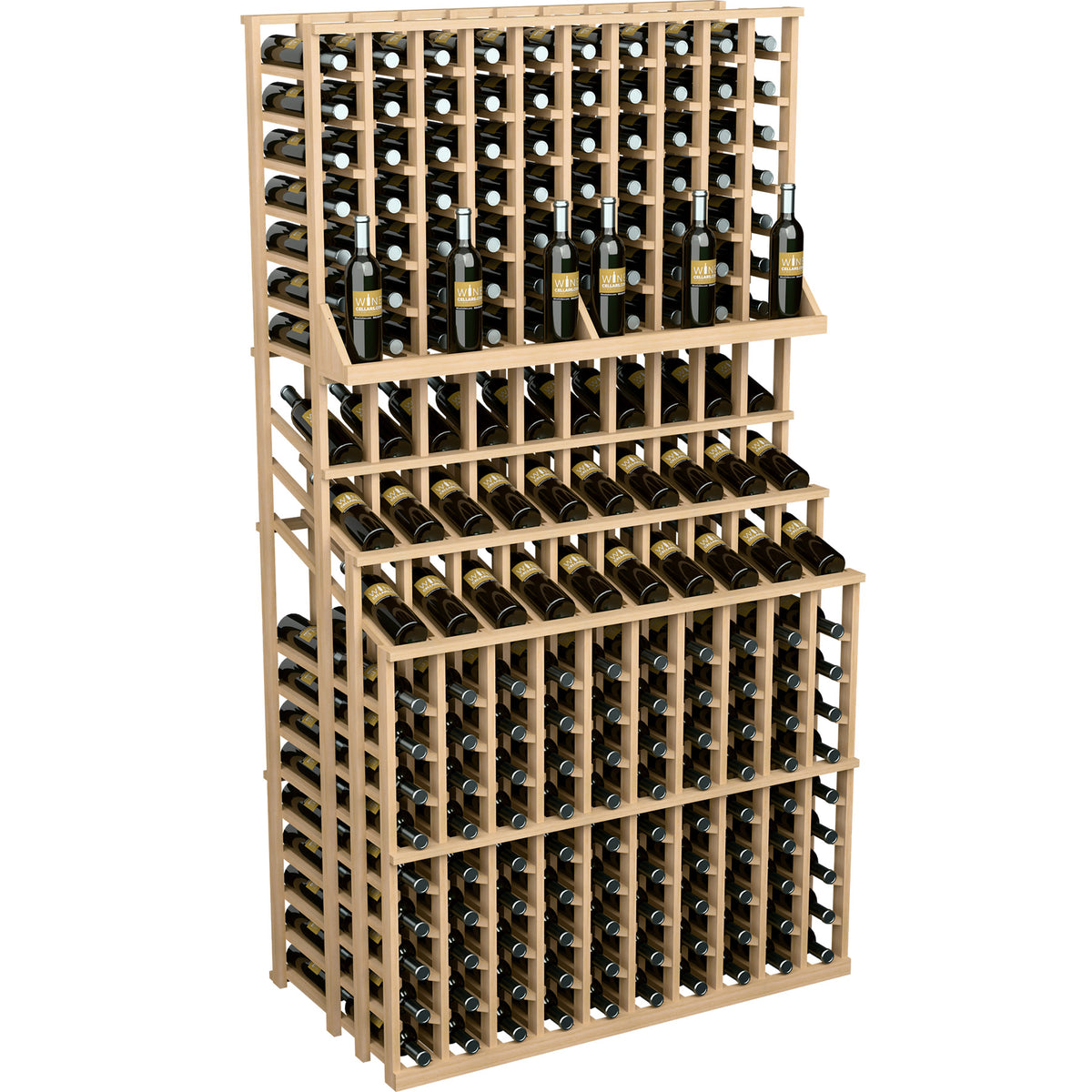 Triple-tier wine bottle display rack with double deep base, front view of bottle grid