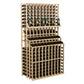 Triple-tier wine bottle rack with double deep base, light wood frame, wine bottle storage on three levels
