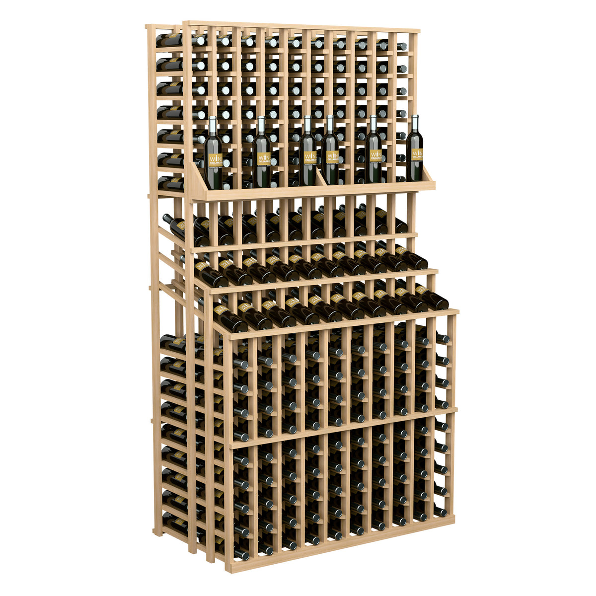 Triple-tier wine bottle rack with double deep base, light wood frame, wine bottle storage on three levels