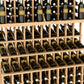 Triple-tier wine bottle display rack with double-deep base; natural wood frame and wine bottle holders