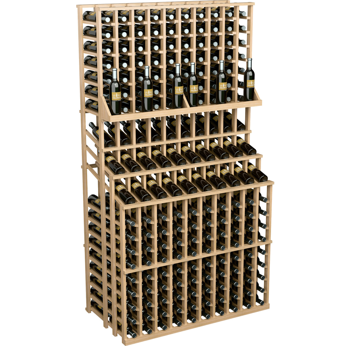 Triple-tier wine bottle display rack with light wood frame, bottles organized in rows
