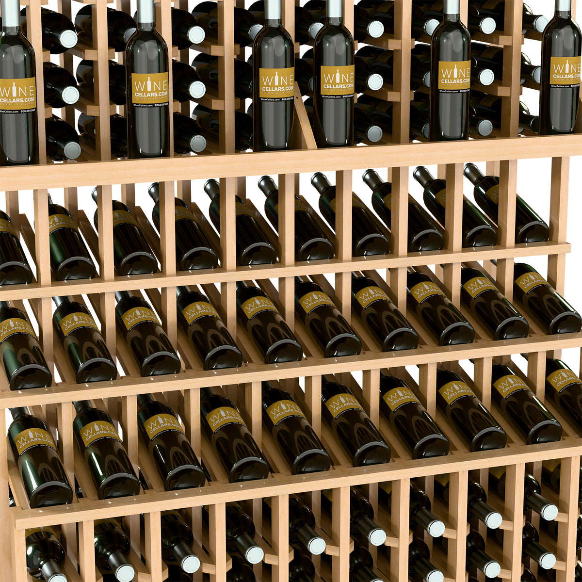 Close-up of wine bottle display shelves with light wood frame holding bottles