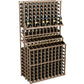 Triple-tier wine bottle display rack with double deep base, bottle slots arranged in columns